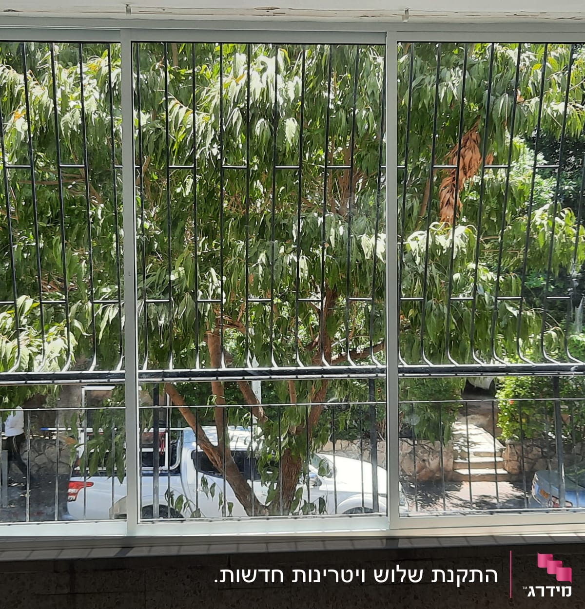 חלון אלומיניום עם סורגים מול עץ ירוק